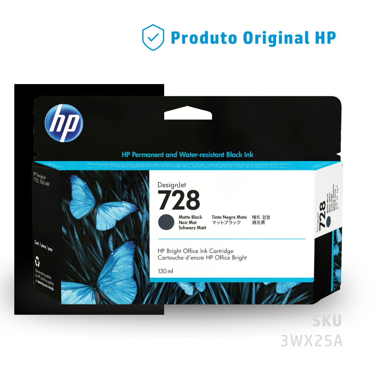 3WX25A - CARTUCHO DE TINTA PLOTTER DESIGNJET HP 728 PRETO FOSCO 130ML